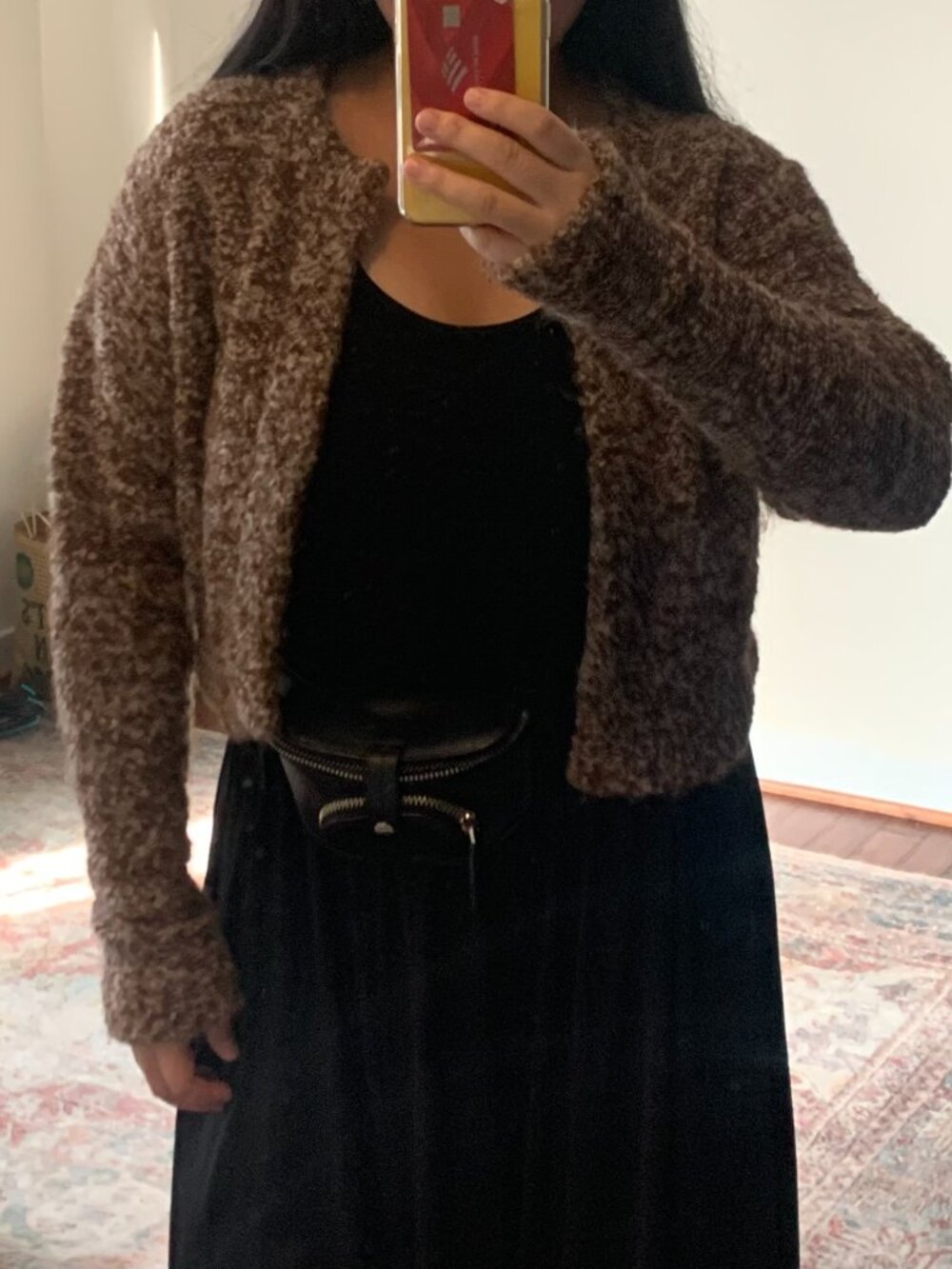 Aritzia Wilfred Alpaca Boucle Cropped Cozy Fuzzy Cardigan Brown Size S